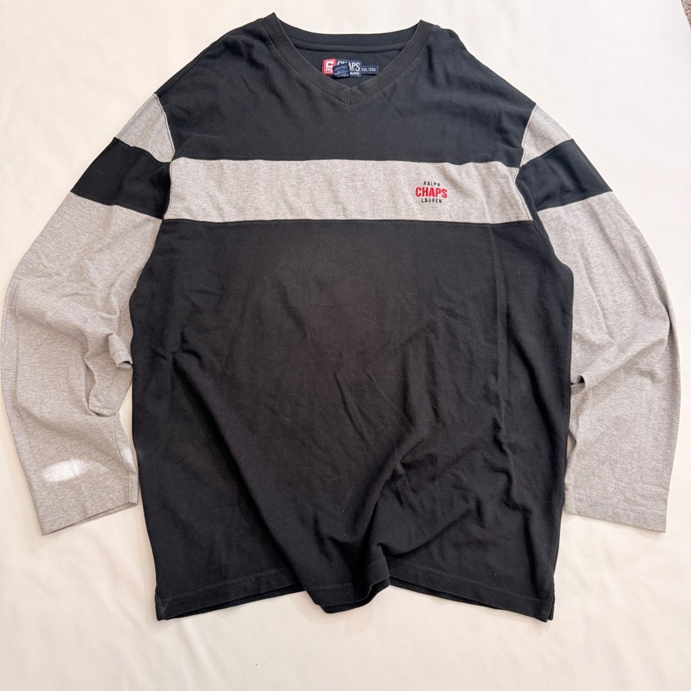 Chaps Ralph Lauren Shirt Men XXL Black Grey Colorblock V-Neck Long Sleeve 90s